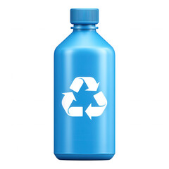 3D illustration of a blue reusable bottle with a white recycle symbol, promoting eco-friendly water use and plastic waste reduction on transparent background.