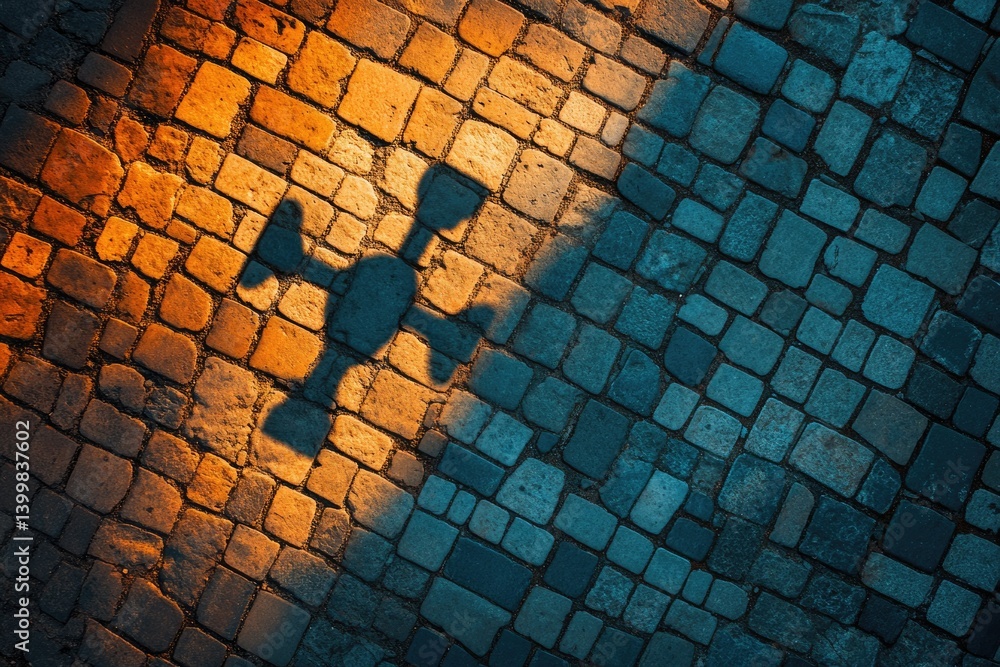 Poster a cross-shaped shadow cast on a cobblestone street, illuminated by warm light.