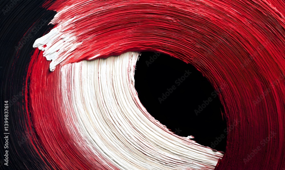 Wall mural minimal and random broad red and white circular brushstrokes on black canvas, generative ai