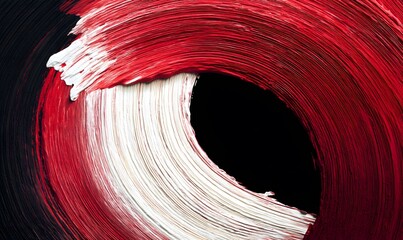 Minimal and random broad red and white circular brushstrokes on black canvas, Generative AI
