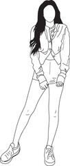 Black and white illustration of a woman in a casual outfit, standing confidently. Features an outlined depiction with detailed apparel and pose, ideal for design projects or illustrations.