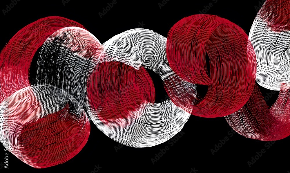 Wall mural minimal and random broad red and white circular brushstrokes on black canvas, generative ai