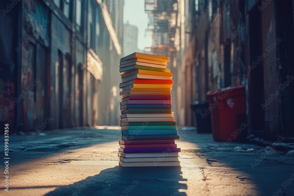 Poster a colorful stack of books stands in a sunlit alleyway, representing knowledge and stories.