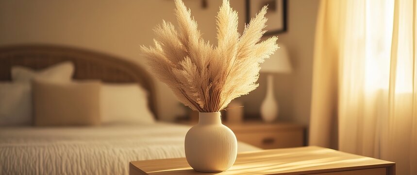 A tall vase of dried pampas grass on a wooden bedside table, warm diffused sunlight filtering through linen curtains