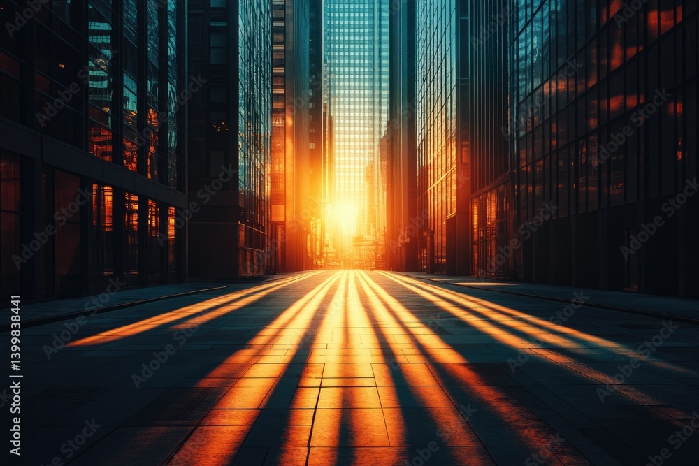 Poster sunset casts long shadows between towering skyscrapers in a modern city, creating a dramatic and vib