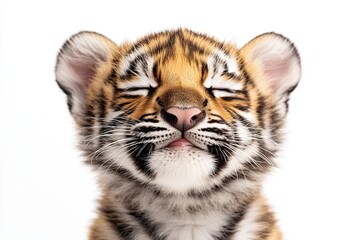 Fototapeta premium tiger. small smiling, smile. on isolated white background close-up. playful mood
