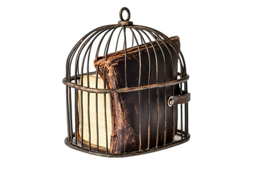 Leather wallet secured in a locked cage surrounded by intricate metalwork On PNG Background
