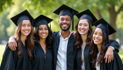 A group of five cheerful graduates, three women and two men, stand together in their black caps and gowns, radiating happiness. Their smiles and camaraderie capture the essence of accomplishment and
