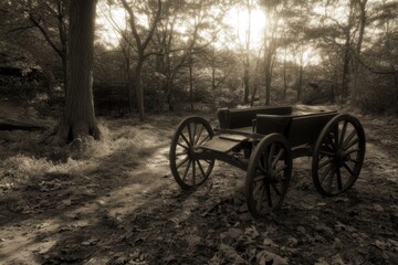 Fototapeta na wymiar Old wooden wagon in a sepia forest
