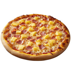 Classic Hawaiian pizza with juicy pineapple chunks and savory ham, isolated on transparent background for food designs and menus.