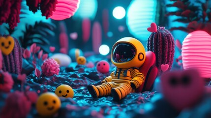 Tiny people floating in digital dream space, surrounded by emojis, likes, pastel screens, and a soft glowing sky