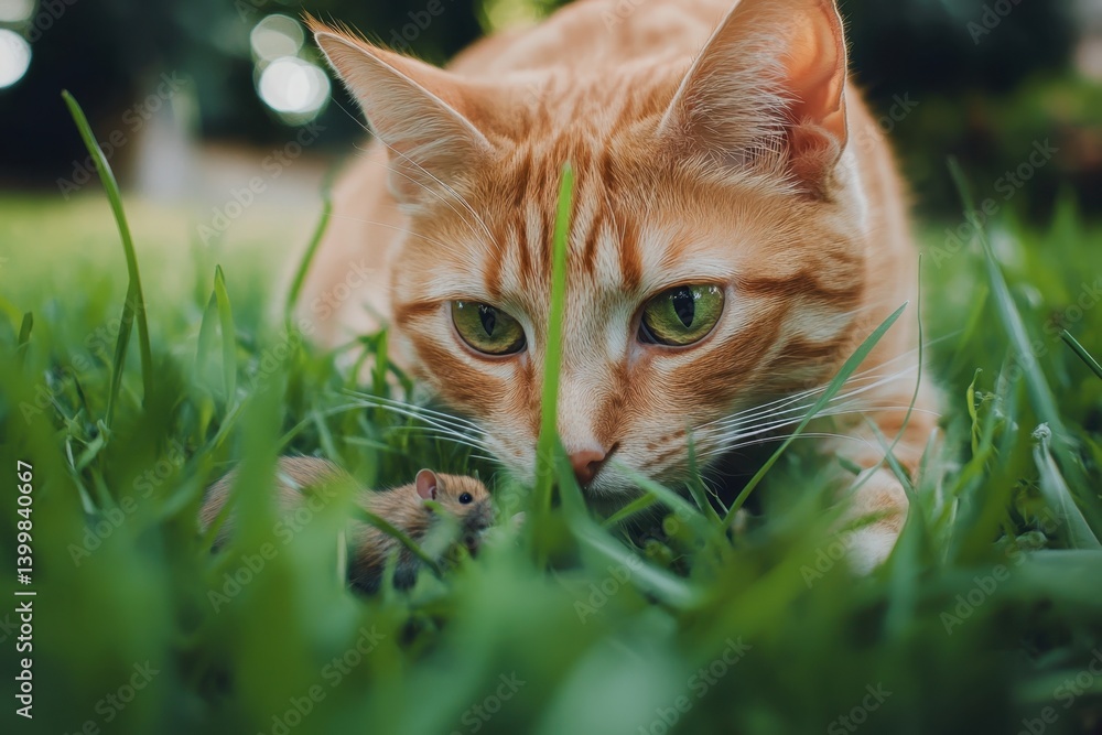 Poster intense gaze of a ginger cat focused on a mouse in lush green grass capturing a moment of nature and