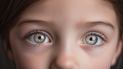 A close up shot of a young girl with light gray eyes looking directly at the camera with a soft expression