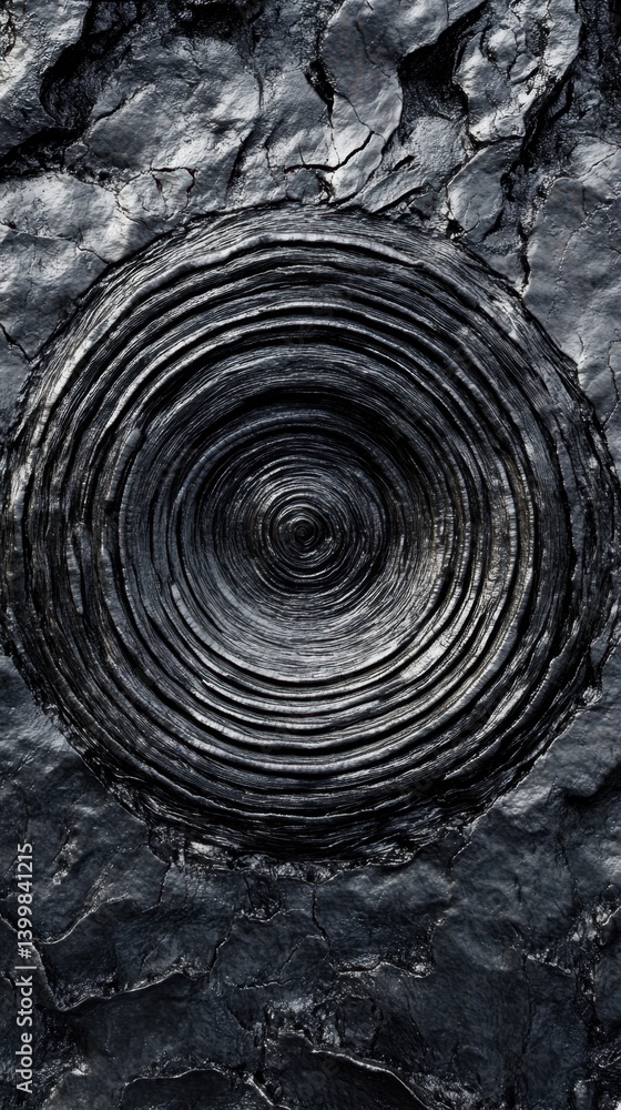 Poster striking aerial view of concentric circles carved into dark rocky terrain creating a mesmerizing tex