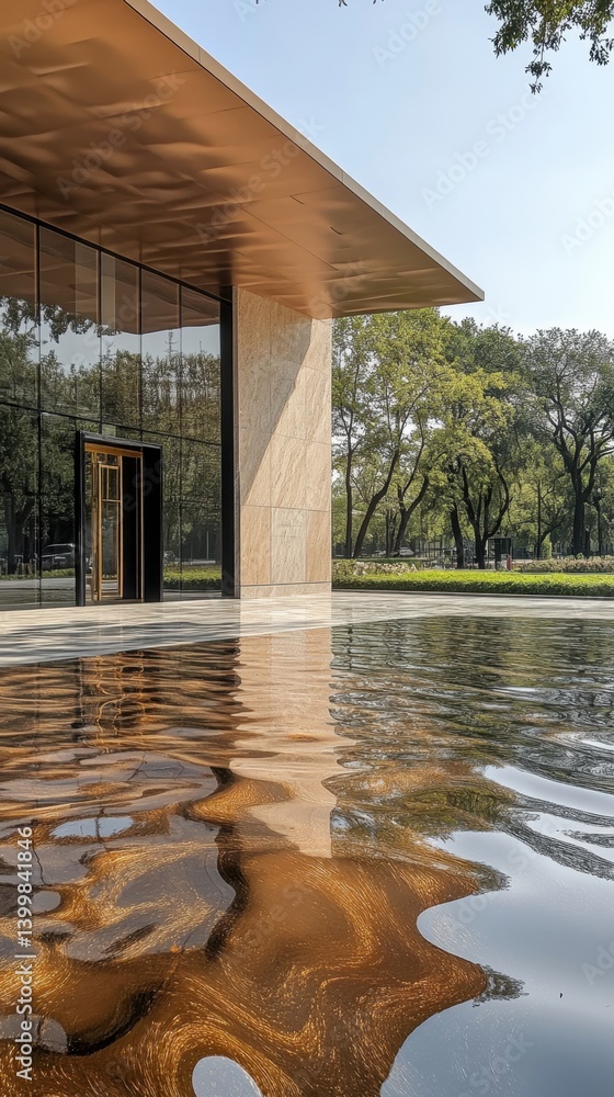 Poster serene facade of modern architecture reflecting in tranquil water feature during a bright sunny day 