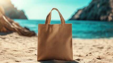Sustainable tote bag on sunlit beach with turquoise sea and rocky cliffs evoking summer vacation lifestyle and eco friendly shopping concept