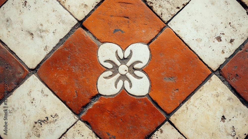 Poster Rustic terracotta tiles with floral design creating a vintage pattern on the floor capturing architectural detail and weathered charm for interior design projects