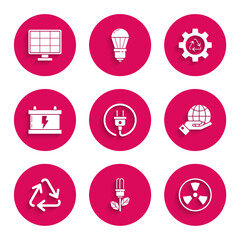 Set Electric plug, Light bulb with leaf, Radioactive, Human hands holding Earth globe, Recycle symbol, Car battery, gear and Solar energy panel icon. Vector