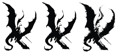 Obraz premium A knight in armor with a spear and shield riding a dragon. He flies fearlessly, preparing for battle. A long cloak flutters in the wind. Black blob silhouette, dynamic composition. 2d art