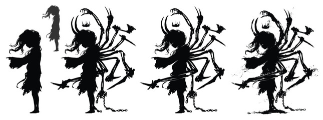 A sinister silhouette of a demon girl with long horns and many bony arms behind her back, which protrudes from her spine and clutches various weapons. Girl The martyr points to the victim. 2d art