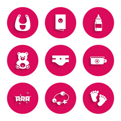 Set Baby absorbent diaper, Rattle baby toy, footprints, potty, Carnival garland with flags, Teddy bear plush, bottle and bib icon. Vector