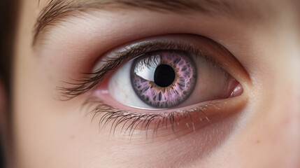 A close up shot of a human eye with a pink iris and visible eyelashes and surrounding skin details