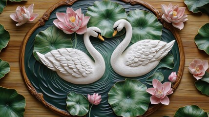 Elegant swans and lotus flowers create tranquil wall art design