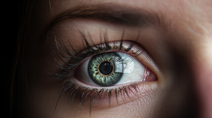 Obraz premium Close up view of a human eye with green iris and long eyelashes in detailed macro photography style