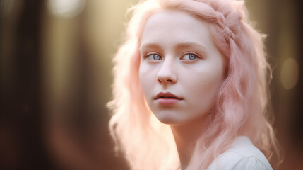 Fototapeta premium Portrait of a young woman with pink hair and blue eyes in a forest setting with soft lighting