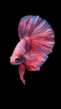 Pink betta fish, bright pastel, beautiful with detailed body details and smooth fins on a black background 