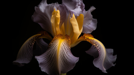 Close up of a blooming iris flower with yellow and purple petals against a black background space for text