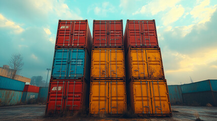 Fototapeta premium Industrial scene of stacked shipping containers of metal boxes at handling operation.