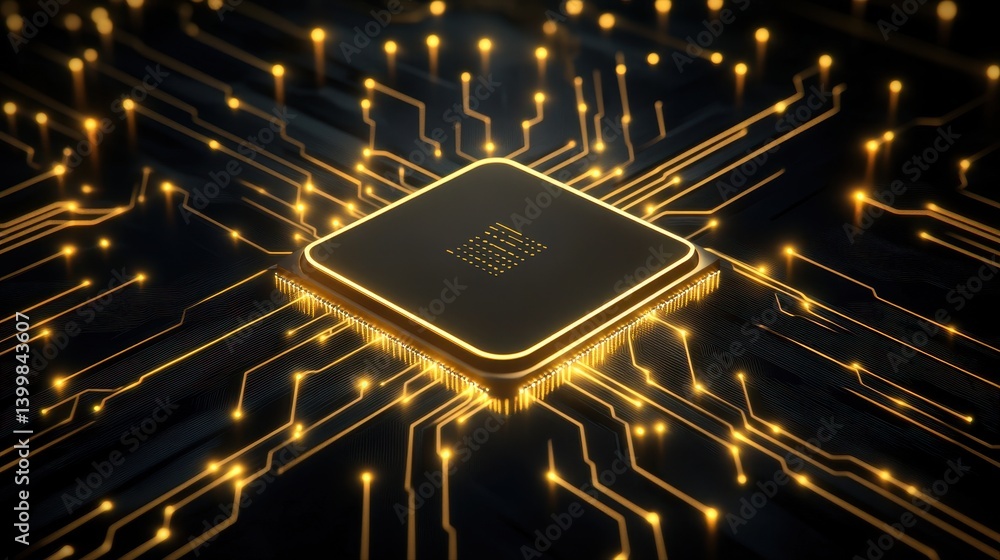 Aufkleber close-up digitally rendered image of a glowing gold cpu chip with intricate circuitry radiating outw