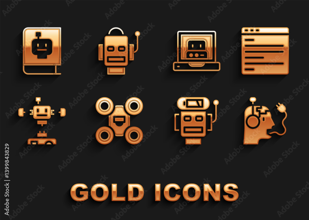 Poster set drone, computer api interface, robot charging battery, low charge, disassembled robot, creating,