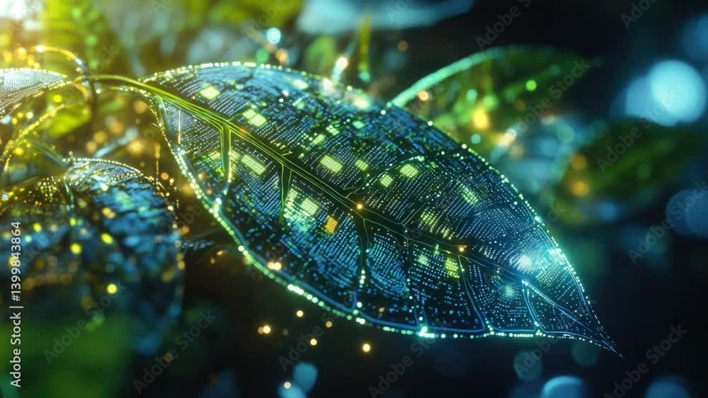 Poster detailed and vibrant close-up of leaf reflecting light with digital patterns and glowing elements am
