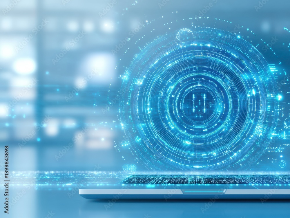 Aufkleber sleek silver laptop on desk with futuristic glowing blue holographic interface showing interconnecte