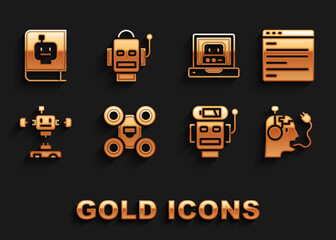 Set Drone, Computer api interface, Robot charging battery, low charge, Disassembled robot, Creating, User manual and icon. Vector