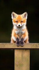 Adorable red fox kit perched on a wooden fence post gazing at the camera with a dark blurred background creating a striking nature photograph