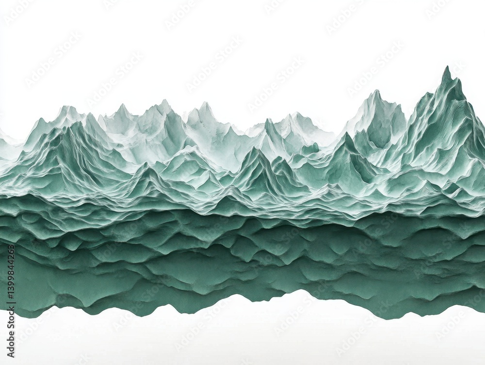 Poster abstract teal mountain range landscape with textured details and a serene visual mood in a minimalis