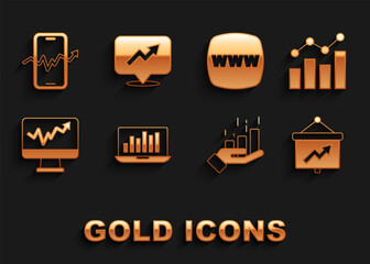 Set Laptop with graph chart, Financial growth, Board, Monitor, Website template, Mobile stock trading and icon. Vector