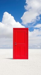 Vibrant Red Door in a Stark White Landscape Surrounded by Bright Blue Sky and Fluffy White Clouds Creating a Stunning Visual Contrast Outdoors