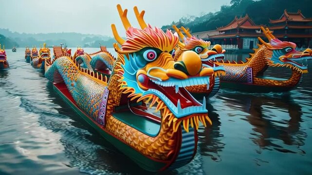 Traditional colorful dragon boats. Dragon Boat Festival in China, Asia. Duanwu Festival. Banner