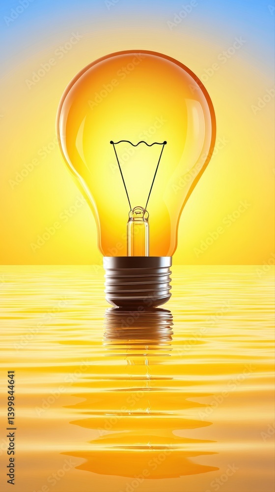 Poster glowing lightbulb illuminated from within on calm golden water with perfect reflection under soft bl