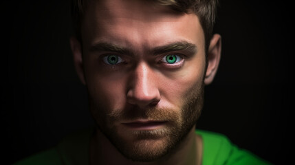 Fototapeta premium Close up portrait of a man with green eyes and a beard against a dark background looking intense