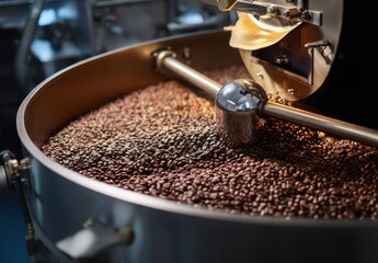 Industrial coffee roaster filled with freshly roasted coffee beans.