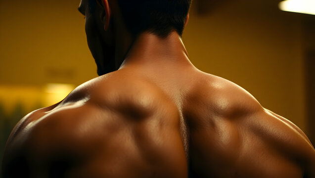 Strong muscular man displaying impressive back and shoulder muscle definition during workout