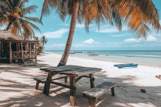 Serene tropical beach escape with rustic picnic table under palm trees and turquoise sea in Zanzibar Tanzania