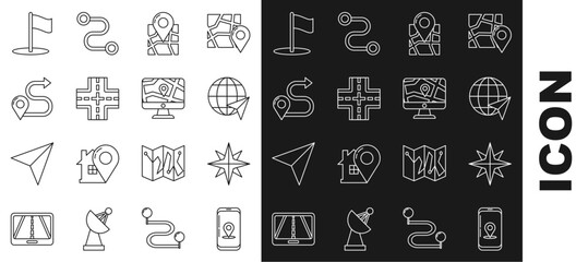 Set line Infographic of city map navigation, Wind rose, Location the globe, Folded with location marker, Road traffic sign, Route, Flag and Monitor and folded icon. Vector
