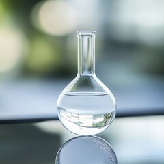 Clear round-bottomed flask with a colorless liquid on a reflective surface with blurred green and blue background showcasing scientific elements elegantly aligned