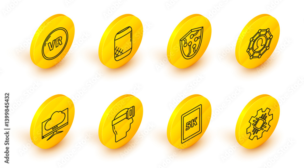 Poster set line processor, tablet with text 5k, virtual reality glasses, computer monitor screen, project t